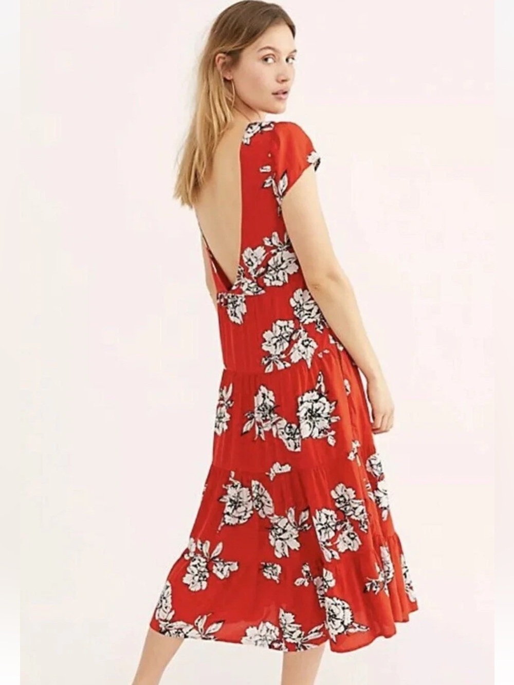 Free People Red Floral Backless Midi Dress Size XS